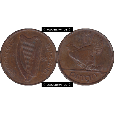 Bildmaterial einer Münze aus Irland als PNG-Grafik 1928-1937, 1 Penny, Pence 1935-01. Digitalisierte Münze aus Irland als transparente PNG-Grafik zum herunterladen.... Sammlung