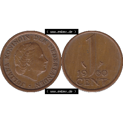 Alte Münze der Niederlande 1951-1975, in PNG digitalisiert 1950-1980, 1 Cent Königin Juliana 1960-01. Vorderseite und Rückseite horizontal auf einen digitalen Bild der... Sammlung