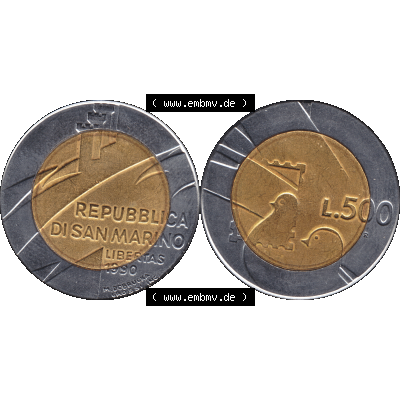 Gedenkmünzen aus San Marino, in PNG 1990-1990, 500 Lire 1600 Jahre San Marino 1990-01. Vorderseite und Rückseite horizontal auf einen digitalen Bild der alten Gedenkmünze... Sammlung