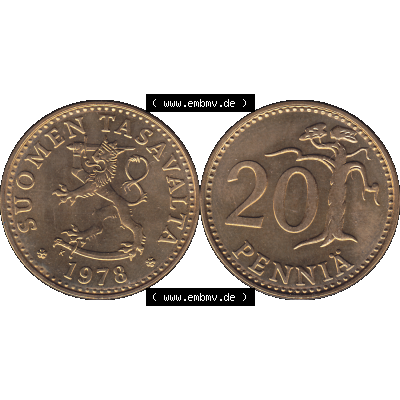 Alte Münzen KMS Finnland, Kursmünzensatz 1978 in Stempelglanz als digitales Computerbild einer finnischen digitalisierten Münze in transparenten PNG 1963-1990, 20 Penny,... Sammlung