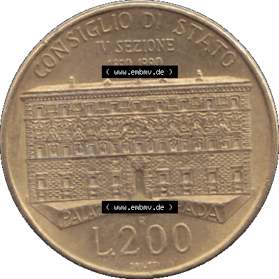 Bildmaterial einer Münze aus Italien / Italia als PNG-Grafik 1990-1990, 200 Lire Gründung von Staatsrat 1990-01. Rückseite einer alten italienischen 200 Lire Gedenkmünze,... Sammlung