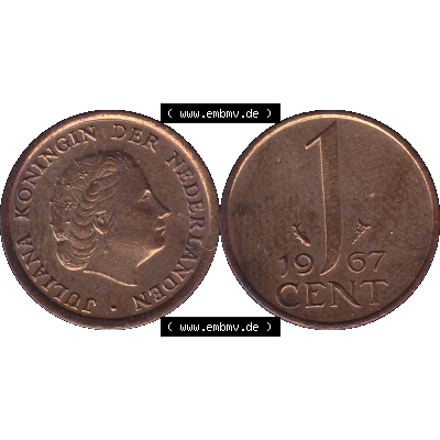 Alte Münze der Niederlande 1951-1975, in PNG digitalisiert 1950-1980, 1 Cent Königin Juliana 1967-01. Vorderseite und Rückseite horizontal auf einen digitalen Bild der... Sammlung
