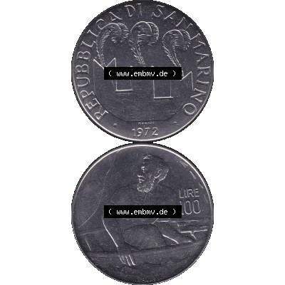 Bildmaterial in PNG-Grafiken Münzensatz / KMS 1972 aus San Marino 1972-1972, Münze 100 Lire von 1972, 100 LIRE MONASSI REPUBBLICA DI SAN MARINO. Die digitalisierte Münze... Sammlung