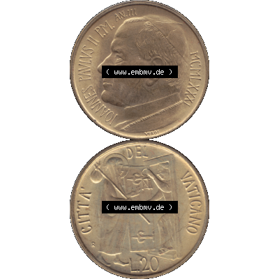 Alte Münze aus der Vatikanstadt / Vatikan als PNG-Grafik 1981-1981, 20 Lire Papst Johannes Paul II 1981-01. Vorderseite und Rückseite vertikal auf einen digitalen Bild der alten... Sammlung