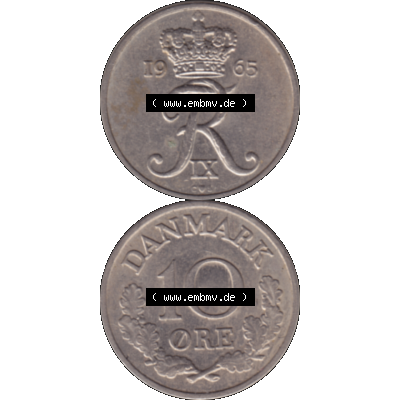 Alte Münze aus Dänemark als PNG-Grafik 1960-1972, 10 Öre 1965-01. Vorderseite und Rückseite vertikal auf einen digitalen Bild der alten dänischen Umlaufmünze... Sammlung