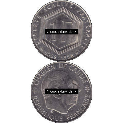 Münzen Frankreich Umlaufmünze 1988-1988, 1 Francs, Franken 1988-01. Vorderseite und Rückseite vertikal auf einen digitalen Bild der alten französischen Umlaufmünze... Sammlung