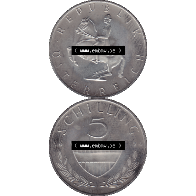 Alte Münze aus KMS Österreich, Kursmünzensatz 1974 in PP 1968-2001, 5 Schilling 1974-01. Vorderseite und Rückseite vertikal auf einen digitalen Bild der alten österreichischen... Sammlung