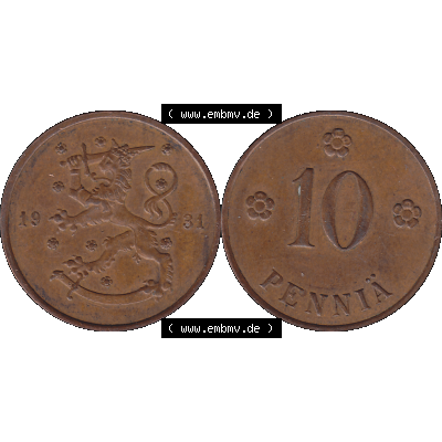 Alte Münzen KMS Finnland, Kursmünzensatz in PNG Design einer finnischen Münze 1919-1940, 10 Penny, Penniä 1931. Digitales transparentes PNG-Bild / Bildmaterial... Sammlung