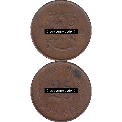 Alte Münzen KMS Finnland, Kursmünzensatz Finnland in transparenten digitalen PNG-Format 1940-1943, 25 Penny, Penniä Kupfer 1941-1. Die digitalisierte Münze... Sammlung