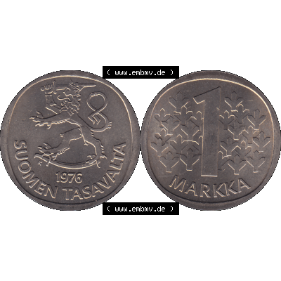 Alte Münzen KMS Finnland, Kursmünzensatz 1976 in Stempelglanz als digitales Computerbild in transparenten PNG 1969-1993, 1 Finnische Mark, Markka 1976-1, SUOMEN TASAVALTA.... Sammlung