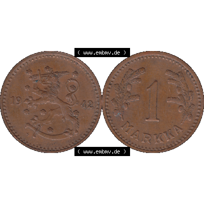 Alte Münzen KMS Finnland, Kursmünzensatz Finnland in transparenten digitalen PNG-Format 1940-1951, 1 finnische Mark, Markka, Kupfer 1942-1. Die digitalisierte Münze... Sammlung