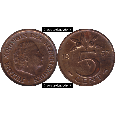 Alte Münze der Niederlande 1951-1975, in PNG digitalisiert 1950-1980, 5 Cent Königin Juliana 1957-01. Vorderseite und Rückseite horizontal auf einen digitalen Bild der... Sammlung