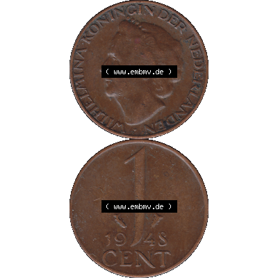 Alte Münze aus der Niederlande 1926-1950, in PNG digitalisiert 1948-1948, 1 Cent Königin Wilhelmina 1948-02. Vorderseite und Rückseite vertikal auf einen digitalen Bild... Sammlung