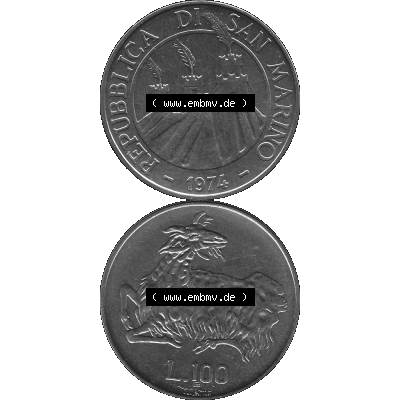 Bildmaterial Münzensatz / KMS 1974 aus San Marino in Graustufen 1974-1974, 100 Lire, L.100 MINGUZZI MONASSI INC. Graustufen. PNG Computer-Grafik in Graustufen-PNG... Sammlung