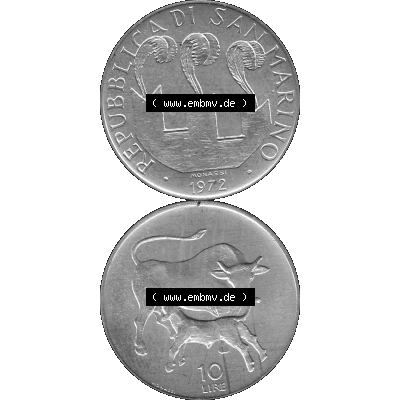 Bildmaterial Münzensatz / KMS 1972 aus San Marino in Graustufen 1972-1972, 10 Lire 1972, MONASSI REPUBBLICA DI SAN MARINO, 10 LIRE Graustufen. PNG Computer-Grafik in Graustufen-PNG... Sammlung