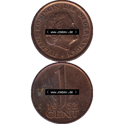 Alte Münze der Niederlande 1951-1975, in PNG digitalisiert 1950-1980, 1 Cent Königin Juliana 1962-01. Vorderseite und Rückseite vertikal auf einen digitalen Bild der alten... Sammlung