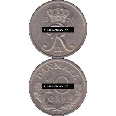 Alte Münze aus Dänemark als PNG-Grafik 1960-1972, 10 Öre 1970-01. Vorderseite und Rückseite vertikal auf einen digitalen Bild der alten dänischen Umlaufmünze... Sammlung