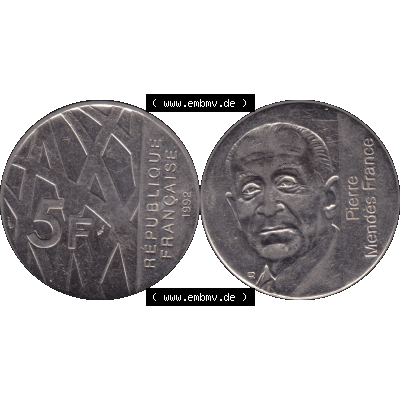 Münzen Frankreich Umlaufmünze 1992-1992, 5 Francs Franken in Nickel 1992-01. Vorderseite und Rückseite horizontal auf einen digitalen Bild der alten französischen Umlaufmünze... Sammlung