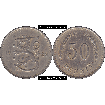 Alte Münzen KMS Finnland, Kursmünzensatz in PNG Design einer finnischen Münze 1921-1940, 50 Penny, Penniä 1929. Digitales transparentes PNG-Bild / Bildmaterial... Sammlung