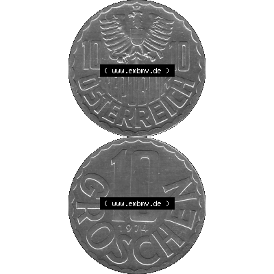 Alte Münze aus KMS Österreich, Kursmünzensatz 1974 in PP 1951-2001, 10 Groschen 1974-01. Vorderseite und Rückseite in Graustufen vertikal auf einen digitalen Bild... Sammlung