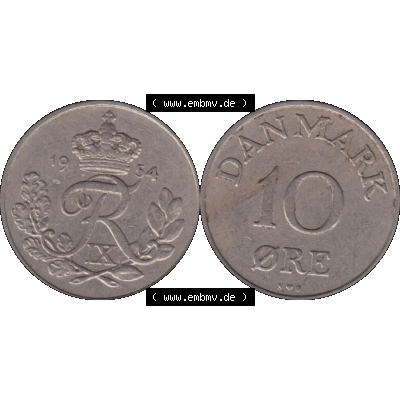 Alte Münze aus Dänemark als PNG-Grafik 1948-1960, 10 Öre 1954-01. Vorderseite und Rückseite horizontal auf einen digitalen Bild der alten dänischen Umlaufmünze... Sammlung