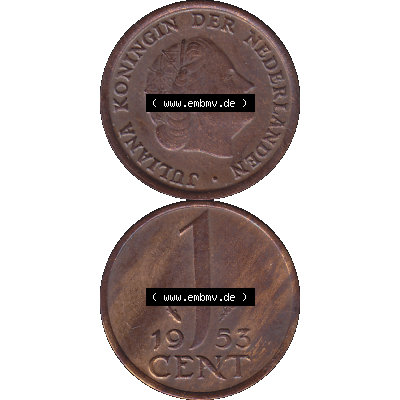 Alte Münze der Niederlande 1951-1975, in PNG digitalisiert 1950-1980, 1 Cent Königin Juliana 1953-01. Vorderseite und Rückseite vertikal auf einen digitalen Bild der alten... Sammlung