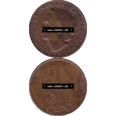 Alte Münze aus der Niederlande 1926-1950, in PNG digitalisiert 1948-1948, 1 Cent Königin Wilhelmina 1948-03. Vorderseite und Rückseite vertikal auf einen digitalen Bild... Sammlung