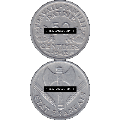 Münzen Frankreich Umlaufmünze in PNG einer Münze aus Frankreich 1942-1944, 50 Centimes, Cent 1942-01. Vorderseite und Rückseite vertikal auf einen digitalen Bild... Sammlung