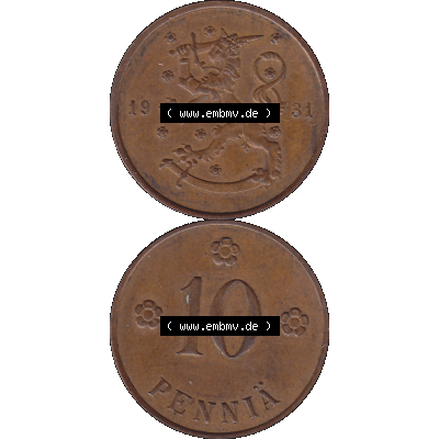Alte Münzen KMS Finnland, Kursmünzensatz in PNG Design einer finnischen Münze 1919-1940, 10 Penny, Penniä 1931. Digitales transparentes PNG - Bild / als... Sammlung