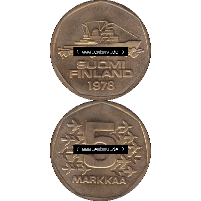 Alte Münzen KMS Finnland, Kursmünzensatz 1978 in Stempelglanz als digitales Computerbild einer finnischen digitalisierten Münze in transparenten PNG 1972-1978, 5 finnische Mark,... Sammlung