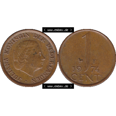 Alte Münze der Niederlande 1951-1975, in PNG digitalisiert 1950-1980, 1 Cent Königin Juliana 1974-01. Vorderseite und Rückseite horizontal auf einen digitalen Bild der... Sammlung