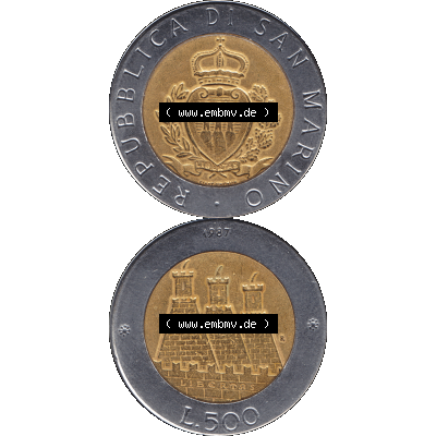 Gedenkmünzen aus San Marino, in PNG 1987-1987, 500 Lire 15. Jahrestag - Wiederaufnahme der Münzenprägung 1987-01. Vorderseite und Rückseite vertikal auf einen... Sammlung