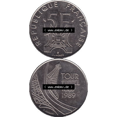 Münzen Frankreich Umlaufmünze 1989-1989, 5 Francs Franken Eiffelturm 1989-01. Vorderseite und Rückseite vertikal auf einen digitalen Bild der alten französischen Umlaufmünze... Sammlung