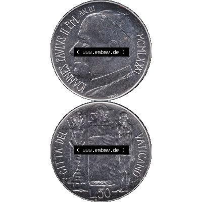 Alte Münze aus der Vatikanstadt / Vatikan als PNG-Grafik 1981-1981, 50 Lire Papst Johannes Paul II 1981-01. Vorderseite und Rückseite vertikal auf einen digitalen Bild der alten... Sammlung