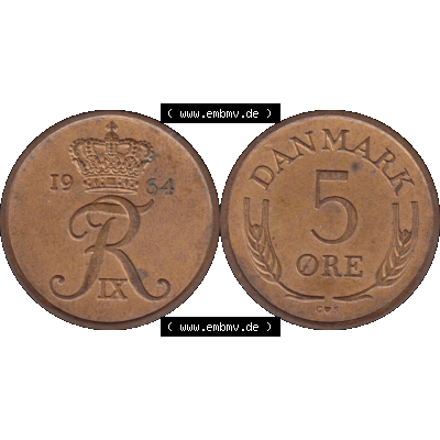 Alte Münze aus Dänemark als PNG-Grafik 1960-1972, 5 Öre 1964-01. Vorderseite und Rückseite horizontal auf einen digitalen Bild der alten dänischen Umlaufmünze... Sammlung