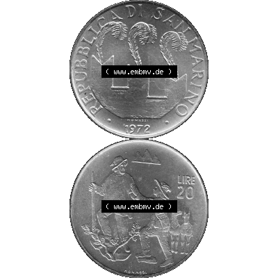 Bildmaterial Münzensatz / KMS 1972 aus San Marino in Graustufen 1972-1972, 20 Lire, 1972, MONASSI REPUBBLICA DI SAN MARINO Graustufen. PNG Computer-Grafik in Graustufen-PNG... Sammlung