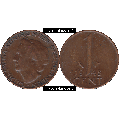 Alte Münze aus der Niederlande 1926-1950, in PNG digitalisiert 1948-1948, 1 Cent Königin Wilhelmina 1948-02. Vorderseite und Rückseite horizontal auf einen digitalen Bild... Sammlung