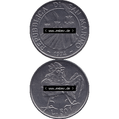Bildmaterial Münzensatz / KMS 1974 aus San Marino Münze 1974-1974 als transparente PNG-Grafik, 50 Lire, L.50 MINGUZZI MONASSI INC.. Die digitalisierte Münze... Sammlung