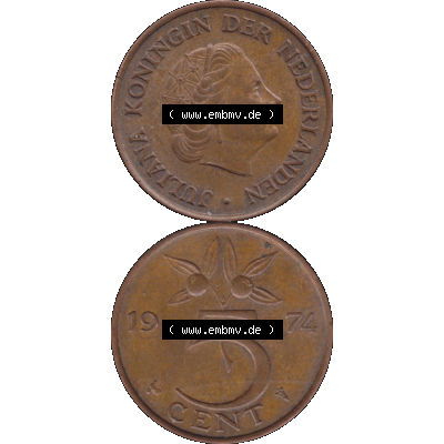 Alte Münze der Niederlande 1951-1975, in PNG digitalisiert 1950-1980, 5 Cent Königin Juliana 1974-01. Vorderseite und Rückseite vertikal auf einen digitalen Bild der alten... Sammlung