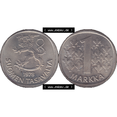 Alte Münzen KMS Finnland, Kursmünzensatz 1978 in Stempelglanz als digitales Computerbild einer finnischen digitalisierten Münze in transparenten PNG 1969-1993, 1 finnische Mark,... Sammlung