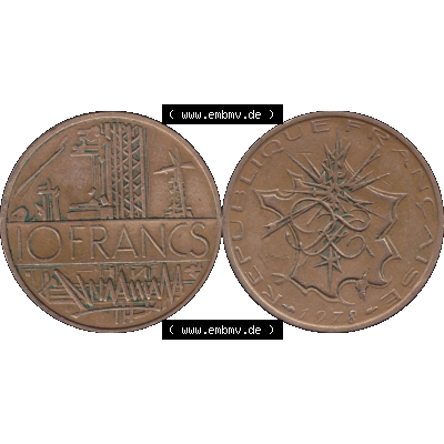Münzen Frankreich Umlaufmünze 1974-1987, 10 Franken-Francs 1978-02. Vorderseite und Rückseite horizontal auf einen digitalen Bild der alten französischen Umlaufmünze... Sammlung