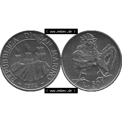 Bildmaterial Münzensatz / KMS 1974 aus San Marino in Graustufen 1974-1974, 50 Lire, L.50 MINGUZZI MONASSI INC. Graustufen. PNG Computer-Grafik in Graustufen einer... Sammlung