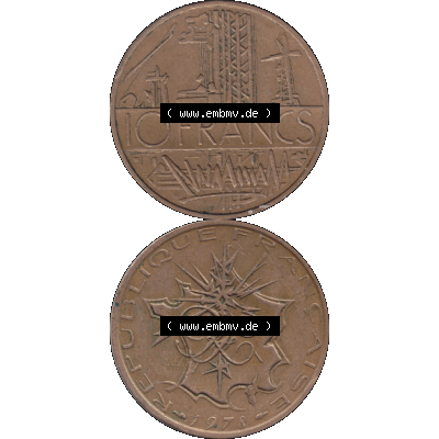 Münzen Frankreich Umlaufmünze 1974-1987, 10 Franken-Francs 1978-01. Vorderseite und Rückseite vertikal auf einen digitalen Bild der alten französischen Umlaufmünze... Sammlung