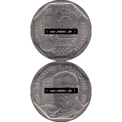 Münzen Frankreich Umlaufmünze 1995-1995, 2 France Louis Rasteur 1995-01. Vorderseite und Rückseite vertikal auf einen digitalen Bild der alten französischen Umlaufmünze... Sammlung