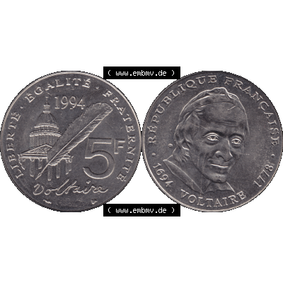 Münzen Frankreich Umlaufmünze 1994-1994, 5 Francs Liberte Egalite Fraternite 1994-01. Vorderseite und Rückseite horizontal auf einen digitalen Bild der alten französischen... Sammlung