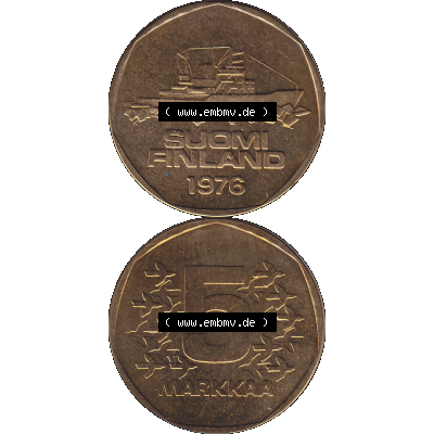 Alte Münzen KMS Finnland, Kursmünzensatz 1976 in Stempelglanz als digitales Computerbild in transparenten PNG 1972-1978, 5 Finnische Mark, Markkaa 1976-1, SUOMI FINLAND.... Sammlung