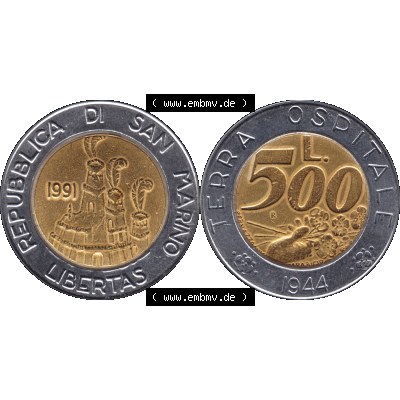 Gedenkmünzen aus San Marino, in PNG 1991-1991, 500 Lire Münze Terra Ospitale 1944 - Jahrgang 1991-01. Vorderseite und Rückseite horizontal auf einen digitalen Bild der... Sammlung