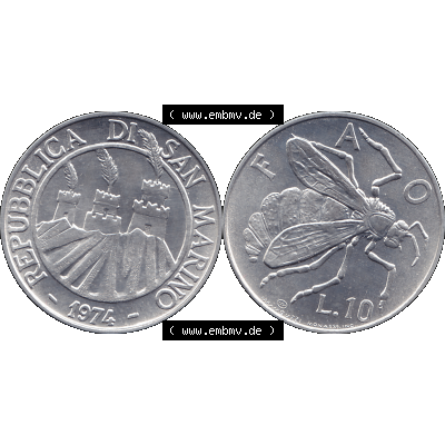 Bildmaterial Münzensatz / KMS 1974 aus San Marino Münze 1974-1974 als transparente PNG-Grafik, 10 Lire, L.10 MINGUZZI MONASSI INC.. Die digitalisierte Münze... Sammlung