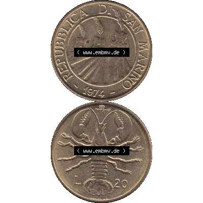 Bildmaterial Münzensatz / KMS 1974 aus San Marino Münze 1974-1974 als transparente PNG-Grafik, 20 Lire, L.20 MINGUZZI MONASSI INC.. Die digitalisierte Münze... Sammlung