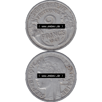 Münzen Frankreich Umlaufmünze in PNG einer Münze aus Frankreich 1941-1959, 2 Francs, Franken 1947-01. Vorderseite und Rückseite vertikal auf einen digitalen Bild... Sammlung